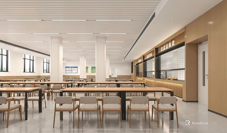 Spacious Bright Restaurant Interior Design With Neat Wooden Tables And Food Counters 3d model 