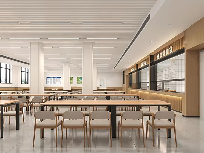 Spacious Bright Restaurant Interior Design With Neat Wooden Tables And Food Counters 3d model