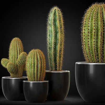 Various Sizes Green Cactus Potted Plants In Black Pots For Indoor Decoration 3d model
