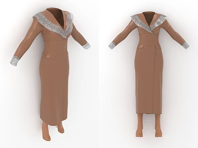 Brown Long Dress With Gray Collar And Cuffs Decoration Design 3d model