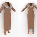 Brown Long Dress With Gray Collar And Cuffs Decoration Design