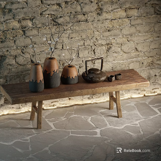 Rustic Decorative Vases Teapot And Teacups On Wooden Bench With Brick Wall Stone Tile Floor 3d model 
