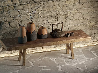Rustic Decorative Vases Teapot And Teacups On Wooden Bench With Brick Wall Stone Tile Floor 3d model