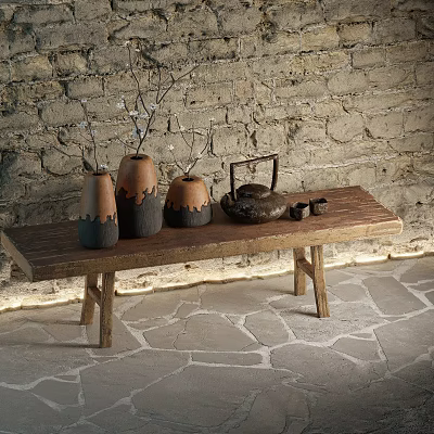 Rustic Decorative Vases Teapot And Teacups On Wooden Bench With Brick Wall Stone Tile Floor 3d model