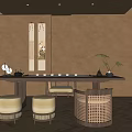 Traditional Japanese Tea Room Interior Design With Wooden Table Cushions And Decorative Paintings