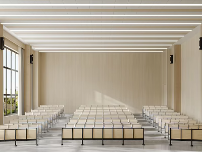 School Auditorium With Rows of Chairs Light Colored Walls Large Windows and Long Ceiling Lights 3d model