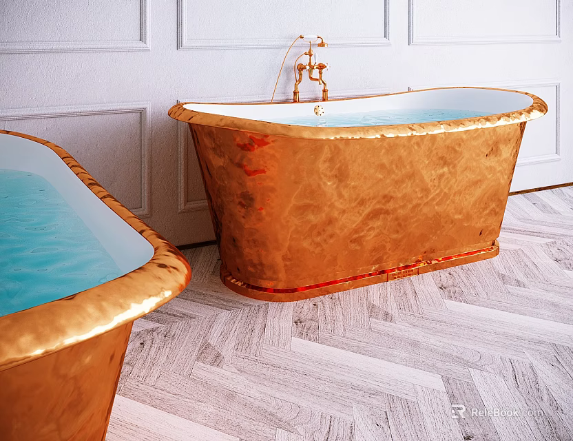 Golden Copper Bathtub with Faucet in Bathroom Featuring White Walls and Herringbone Floor 3d model 