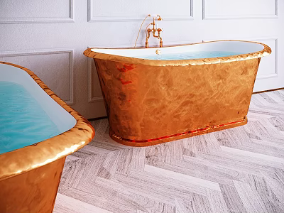 Golden Copper Bathtub with Faucet in Bathroom Featuring White Walls and Herringbone Floor 3d model