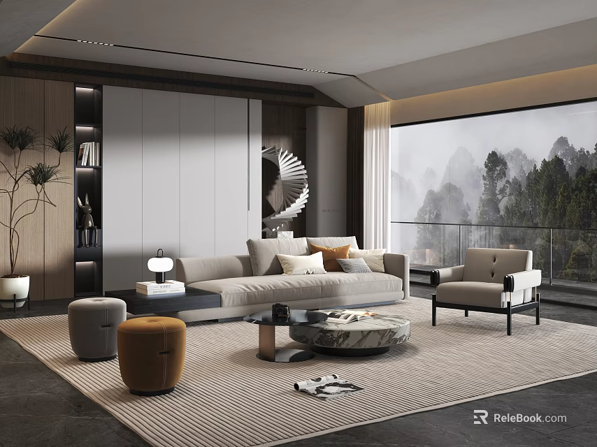 Modern Living Room Interior Design With Sofa Armchair Coffee Table And Mountain View Window 3d model 