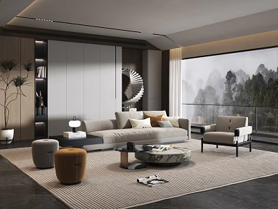 Modern Living Room Interior Design With Sofa Armchair Coffee Table And Mountain View Window 3d model