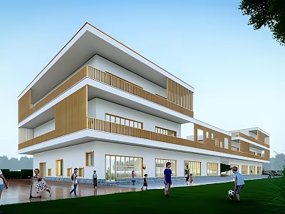 Modern Multistory School Building With White And Wooden Exterior Spacious Balconies Front Lawn People Activities 3d model