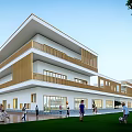 Modern Multistory School Building With White And Wooden Exterior Spacious Balconies Front Lawn People Activities