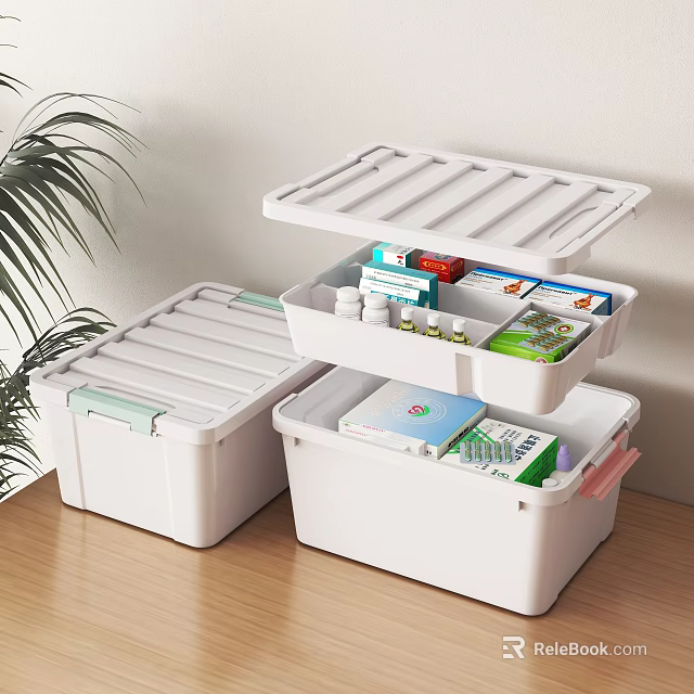 Decorative Ornament Combination With White Stackable Storage Boxes And Green Plant Accents 3d model