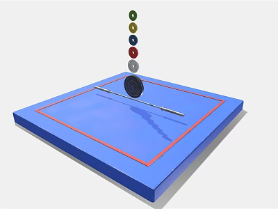 Sports Training Equipment With Blue Square Mat Long Pole Black Disc And Stacked Colored Balls 3d model