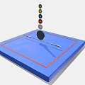 Sports Training Equipment With Blue Square Mat Long Pole Black Disc And Stacked Colored Balls