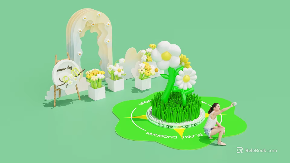 Floral Installation Featuring Green Flower Shaped Platform White Daisies And Spring Day Elements 3d model