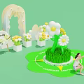 Floral Installation Featuring Green Flower Shaped Platform White Daisies And Spring Day Elements 3d model