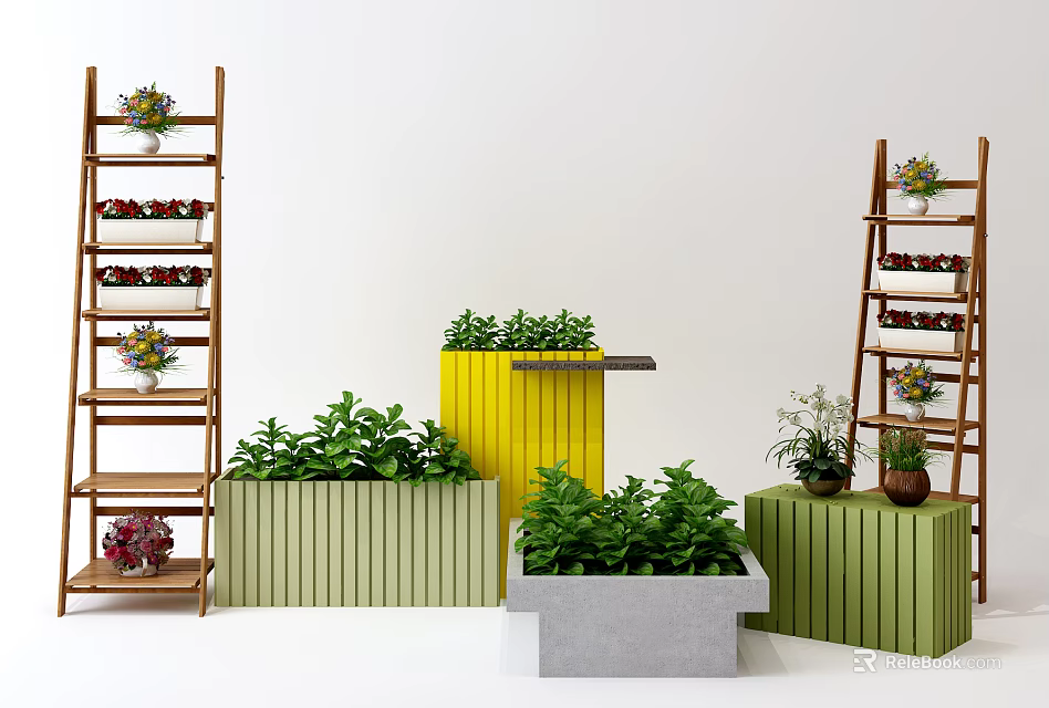 Creative Garden Decor with Multi Tiered Wooden Plant Stands and Colorful Planters Holding Green Plants 3d model 