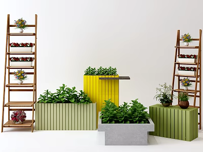 Creative Garden Decor with Multi Tiered Wooden Plant Stands and Colorful Planters Holding Green Plants 3d model