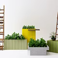 Creative Garden Decor with Multi Tiered Wooden Plant Stands and Colorful Planters Holding Green Plants