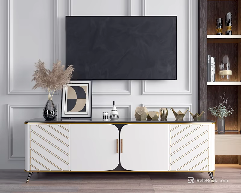 Modern Elegant White TV Stand With Gold Chevron Patterns Vase Frame And Decorative Ornaments 3d model 