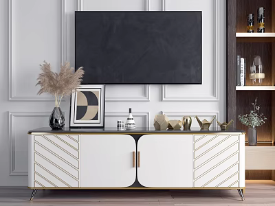 Modern Elegant White TV Stand With Gold Chevron Patterns Vase Frame And Decorative Ornaments 3d model