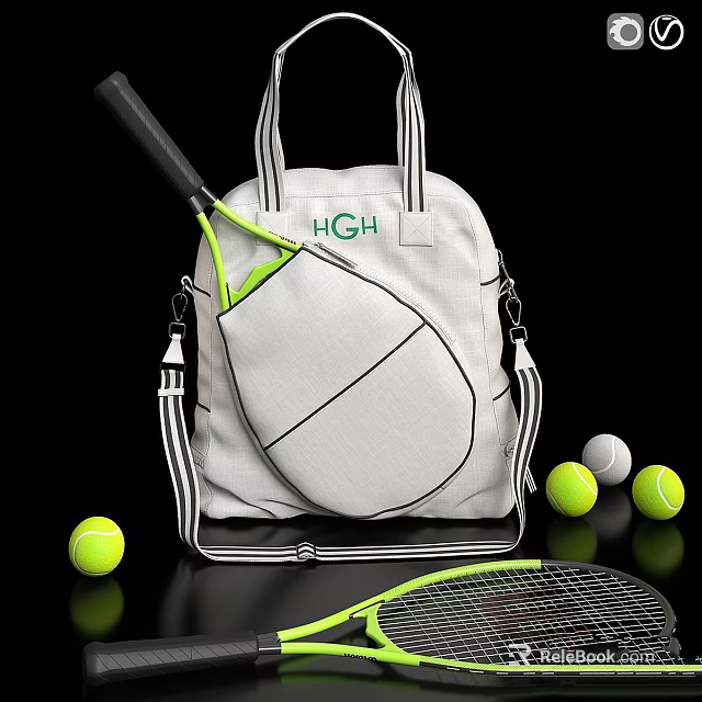 High Quality Sports Equipment with White Backpack Green Tennis Racket and Yellow Balls 3d model 