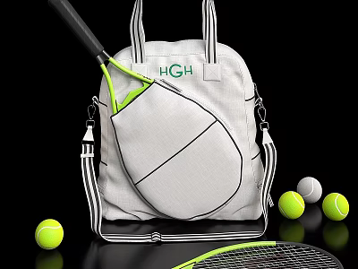 High Quality Sports Equipment with White Backpack Green Tennis Racket and Yellow Balls 3d model