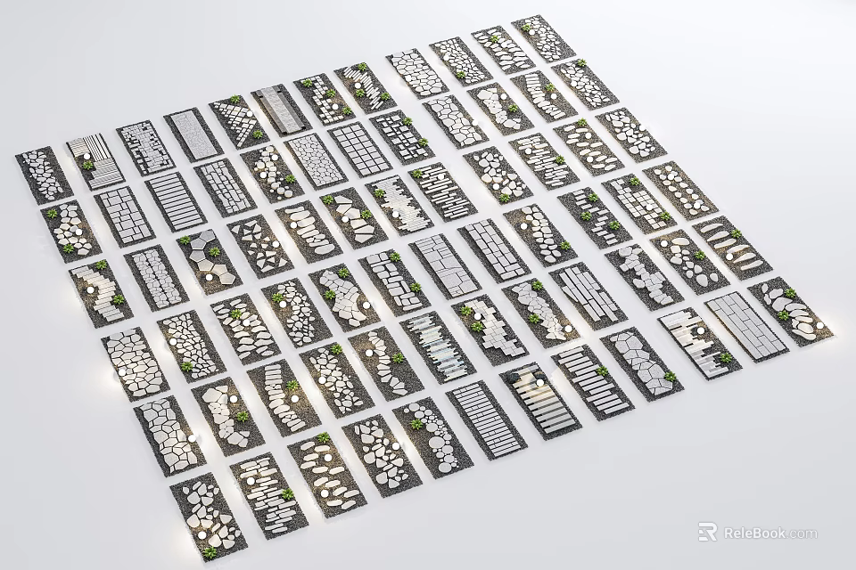 Neatly Arranged Stepping Stones With Intricate Patterns For Garden Landscape Design 3d model 