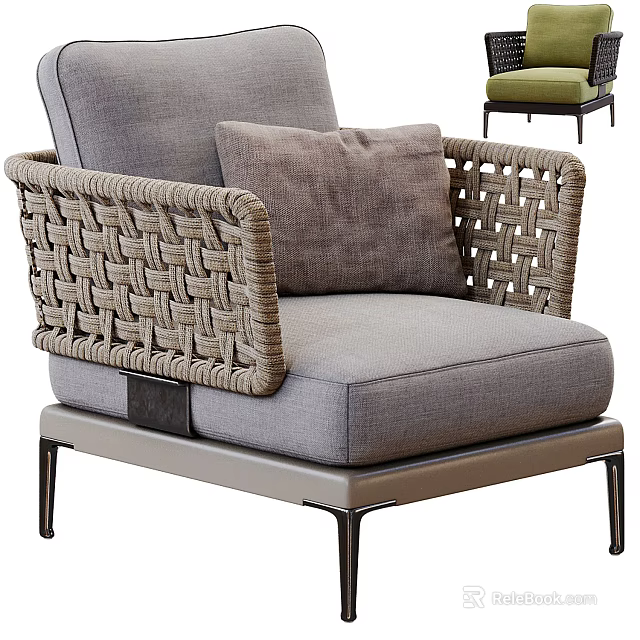 Modern Single Sofa With Woven Armrests Gray Cushion And Metal Legs 3d model 