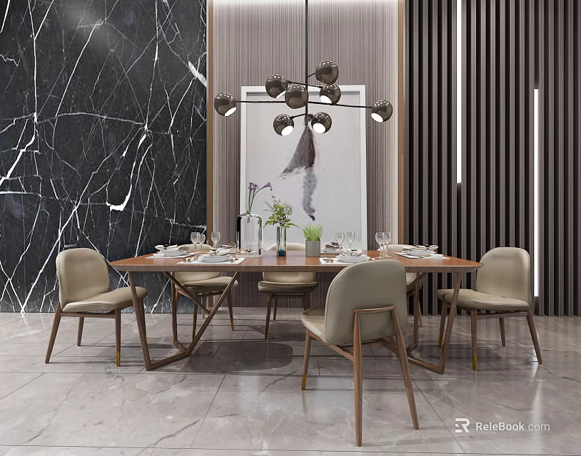 Modern Dining Table Set with Beige Chairs Marble Wall Vertical Stripes Hanging Chandelier Tableware 3d model