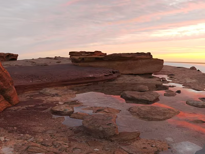 Breathtaking Rocky Landscape With Reflective Puddles And Pink Hues Sky At Sunset 3d model