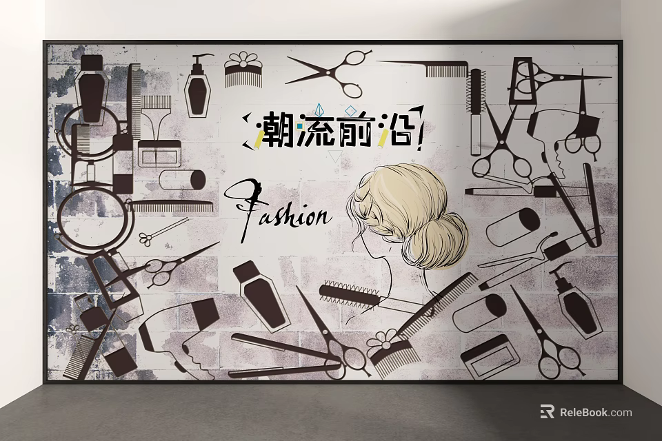 Trendy Fashion Hairstyle Illustration With Hairdressing Tools Scissors Combs And Mirror 3d model 