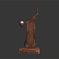 Traditional Wooden Architectural Component With Carved Roof Structure And Flanking Decorative Piece