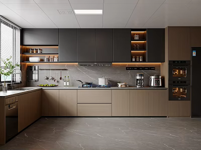Modern Kitchen Interior Design With Wooden Cabinets Island Counter And Stainless Appliances 3d model