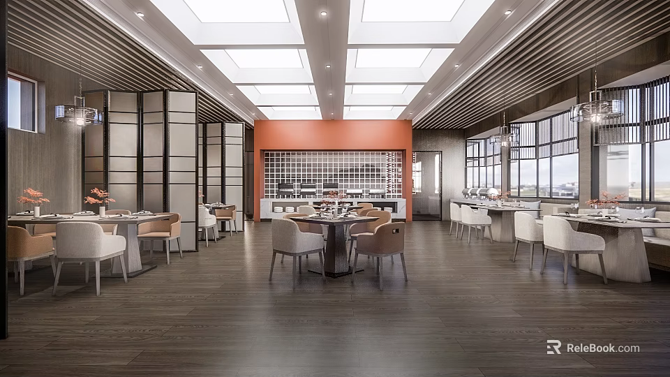Bright Restaurant Interior With Skylights Orange Wall Tables Chairs And Wooden Flooring 3d model 