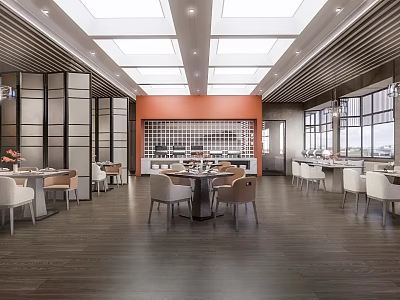 Bright Restaurant Interior With Skylights Orange Wall Tables Chairs And Wooden Flooring 3d model