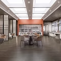 Bright Restaurant Interior With Skylights Orange Wall Tables Chairs And Wooden Flooring
