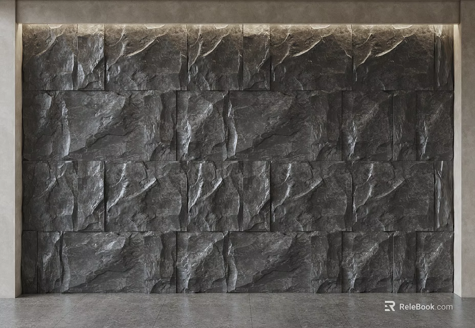 Modern Textured Dark Stone Background Wall Design With Natural Surface Panels 3d model