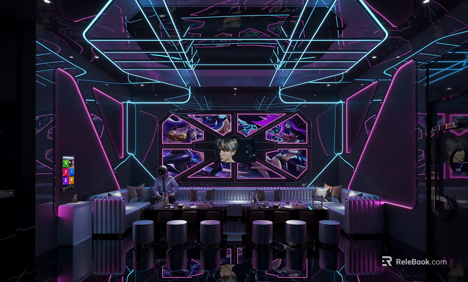 Modern KTV Room Interior With Neon Lighting Stylish Design Sofas Tables And Decorative Panels 3d model 