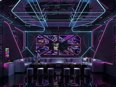 Modern KTV Room Interior With Neon Lighting Stylish Design Sofas Tables And Decorative Panels 3d model