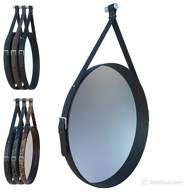 Round Black Frame Mirror With Leather Straps For Hanging Home Decor 3d model