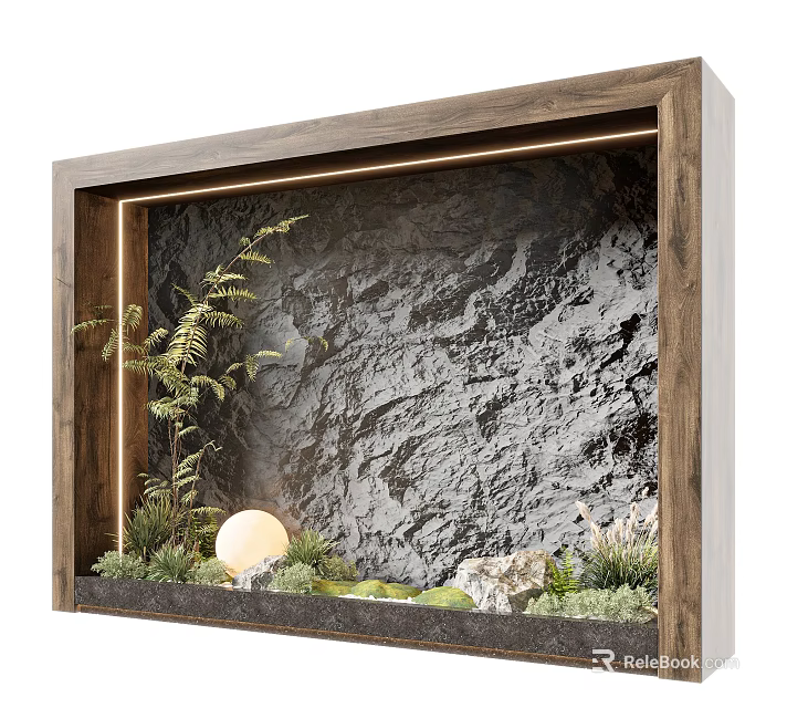 Wooden Framed Feature Wall with Rock Texture Green Plants Spherical Light and Pebbles 3d model 