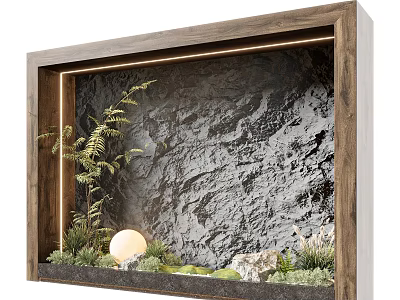 Wooden Framed Feature Wall with Rock Texture Green Plants Spherical Light and Pebbles 3d model