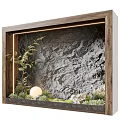 Wooden Framed Feature Wall with Rock Texture Green Plants Spherical Light and Pebbles