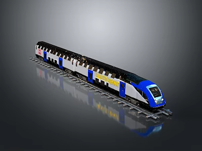 Modern Blue White Black Train With Streamlined Design On Rail Tracks And Multiple Carriages 3d model