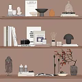 Modern Minimalist Decorative Ornament Combinations On Wooden Shelves With Statues Books Camera Lamp And Diffusers