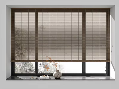 Natural Brown Beige Bamboo Blinds With Window Sill Decor And Tree View 3d model