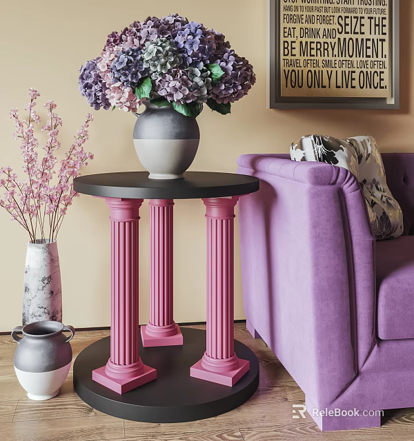 Elegant Side Table with Black Tabletop and Pink Fluted Columns by Purple Sofa 3d model