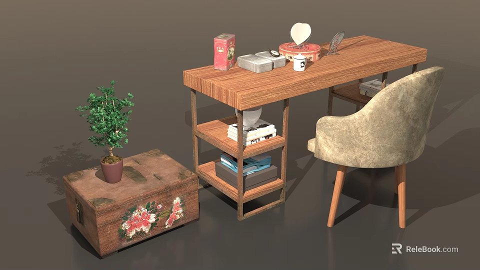 Wooden Desk Setup With Beige Chair Floral Chest Potted Plant And Decorative Items 3d model 